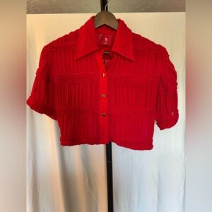Basic Romantic Red Cropped Button-Front Blouse